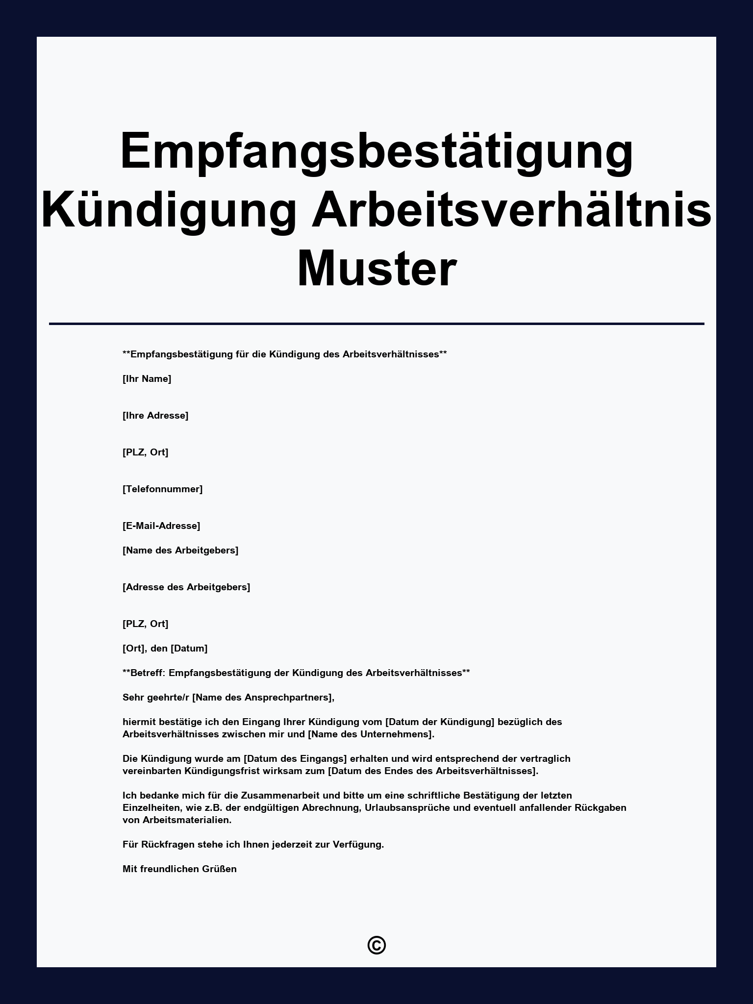 Empfangsbestätigung Kündigung Arbeitsverhältnis Muster